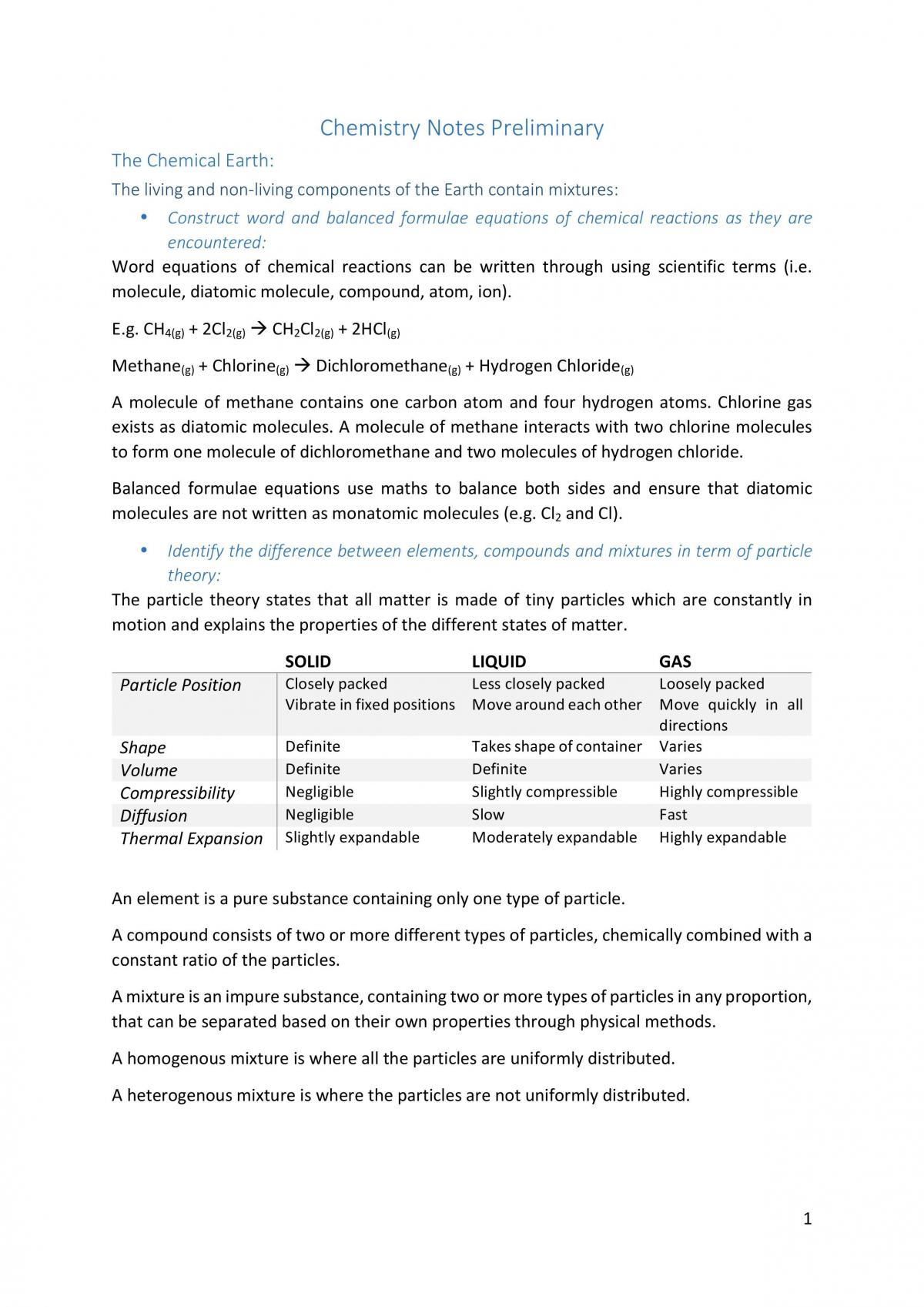 Chemistry Notes Preliminary - Page 1