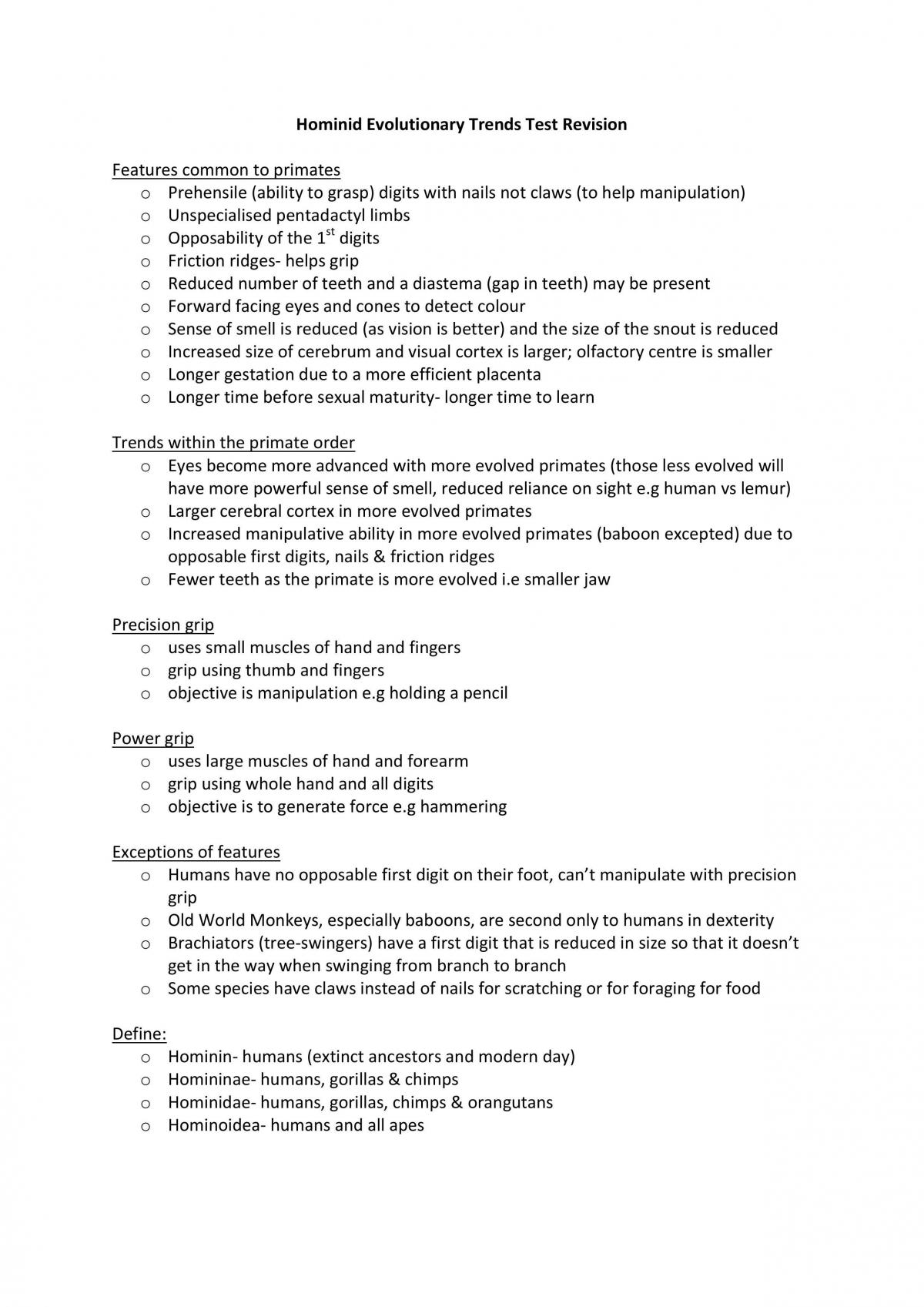 Hominid Evolutionary Trends/Primates Study Notes - Page 1