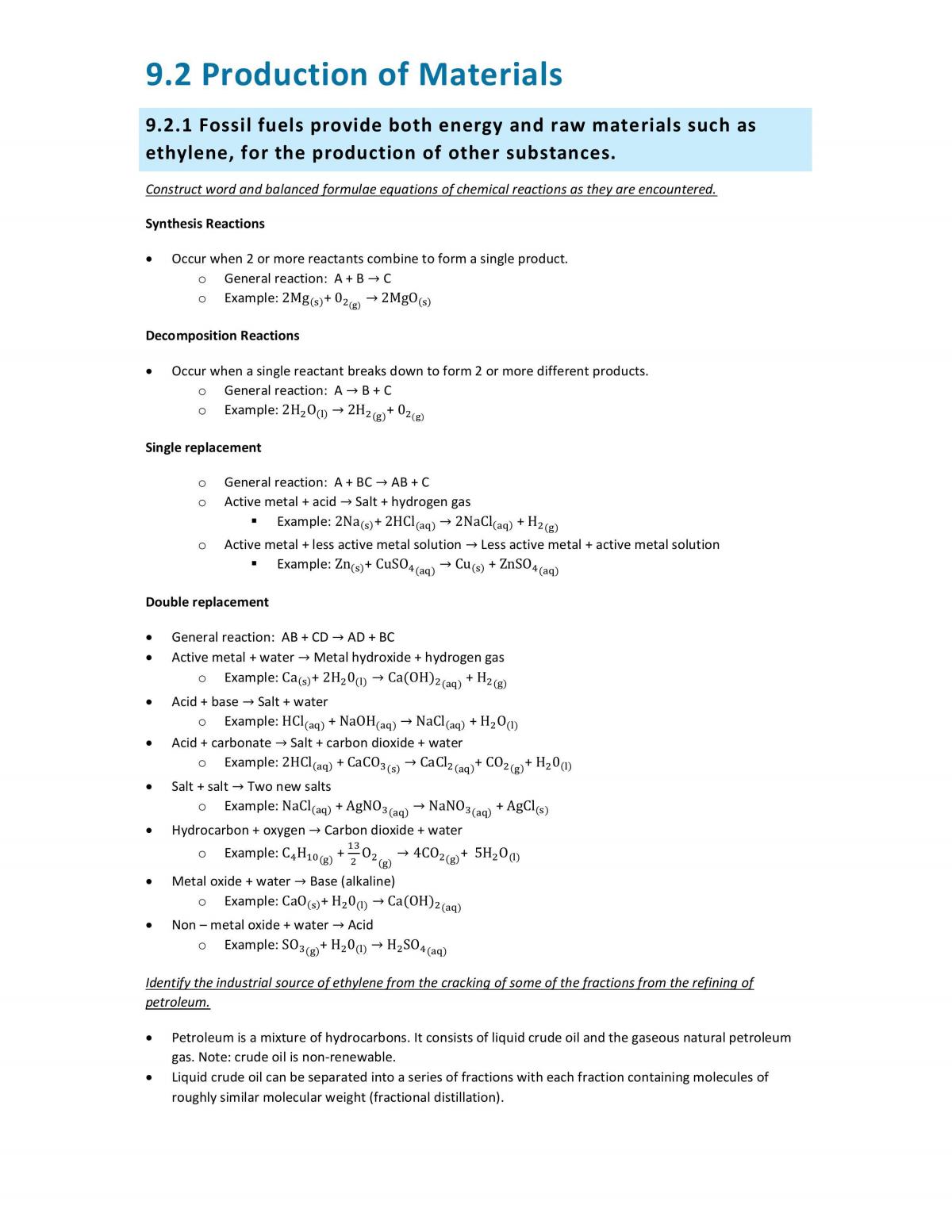 HSC Chemistry Production of Materials Module Full Notes  - Page 1