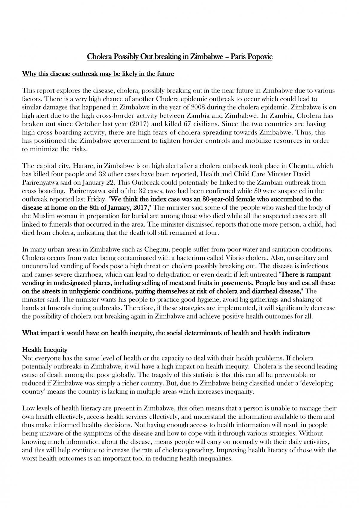 Cholera in Zimbabwe Assignment  - Page 1