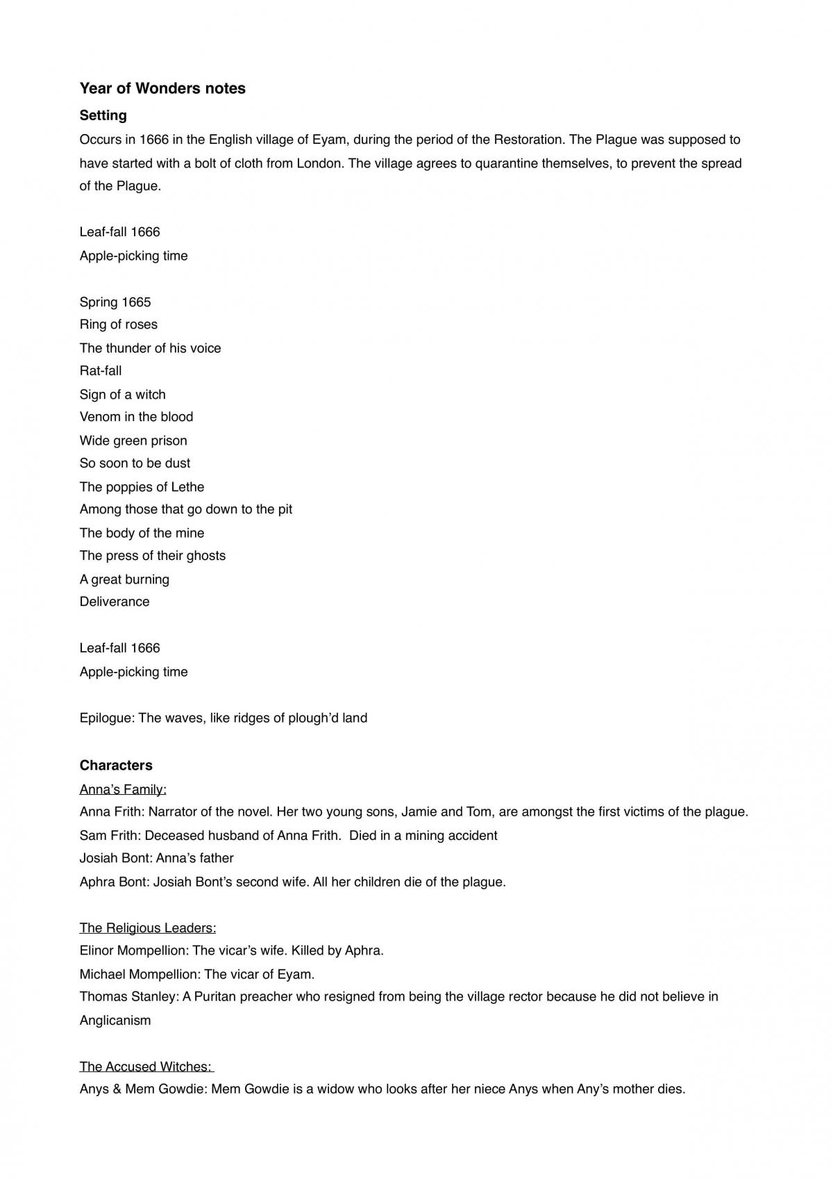 Year of Wonders Notes - Page 1