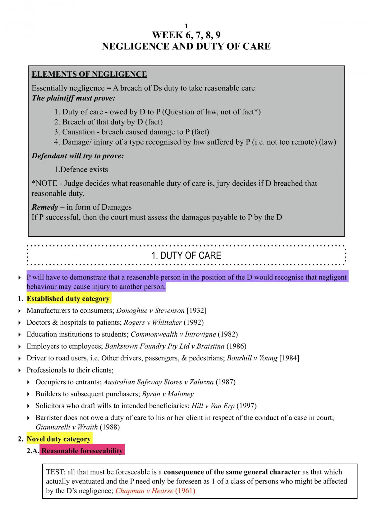 Negligence Exam Notes  - Page 1