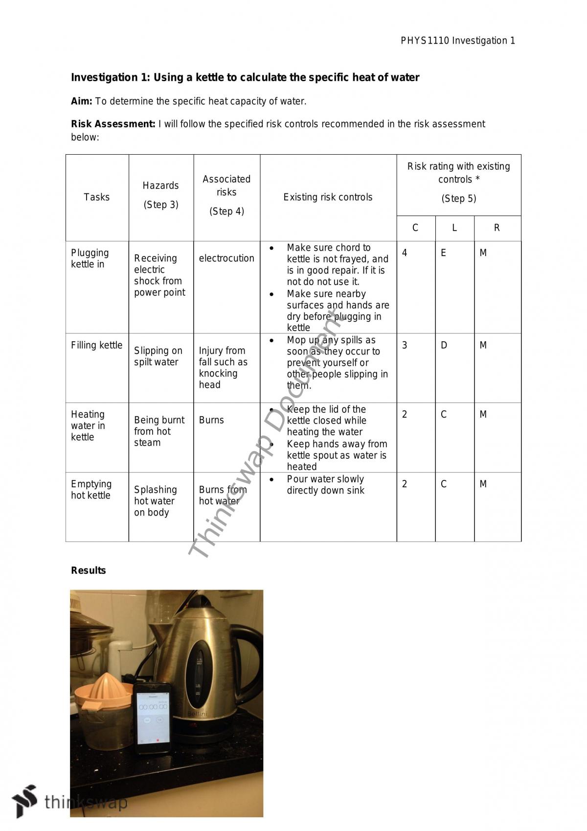 PHYS1110 - Investigation One Report - Page 1