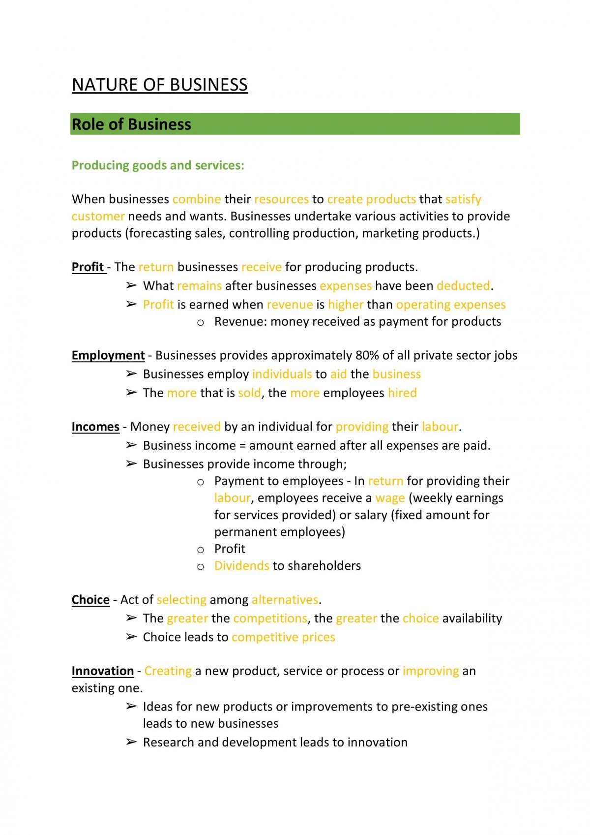 Nature of Business Study Notes, Term 1 Preliminary.  - Page 1