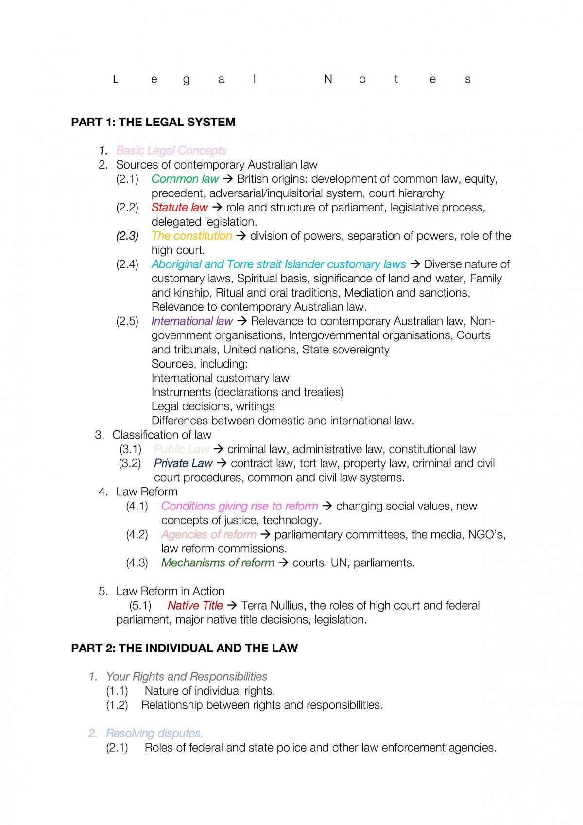 Year 11 Legal Studies Notes - Entire Syllabus - Page 1