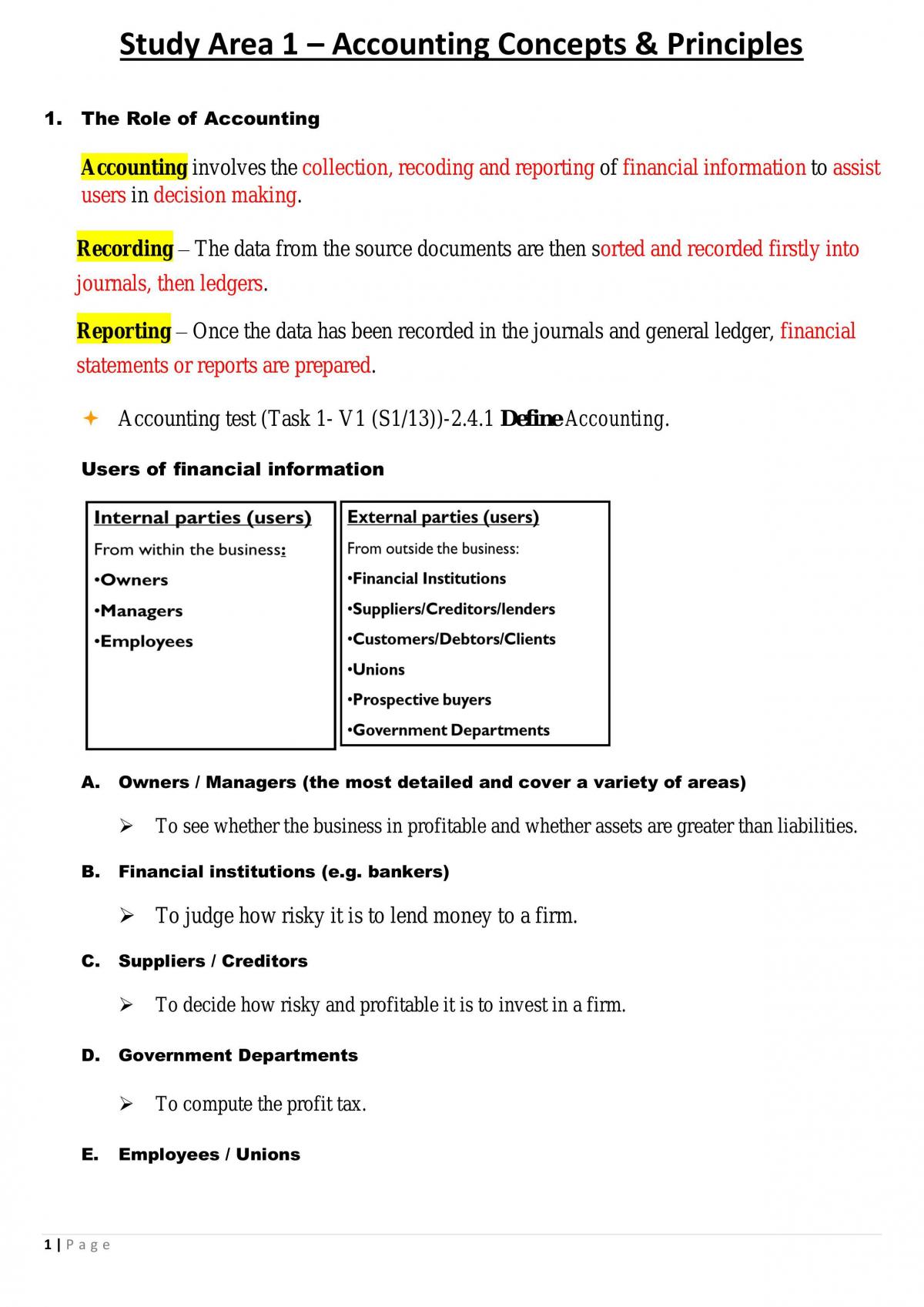 Study Area 1 – Accounting Concepts & Principles - Page 1