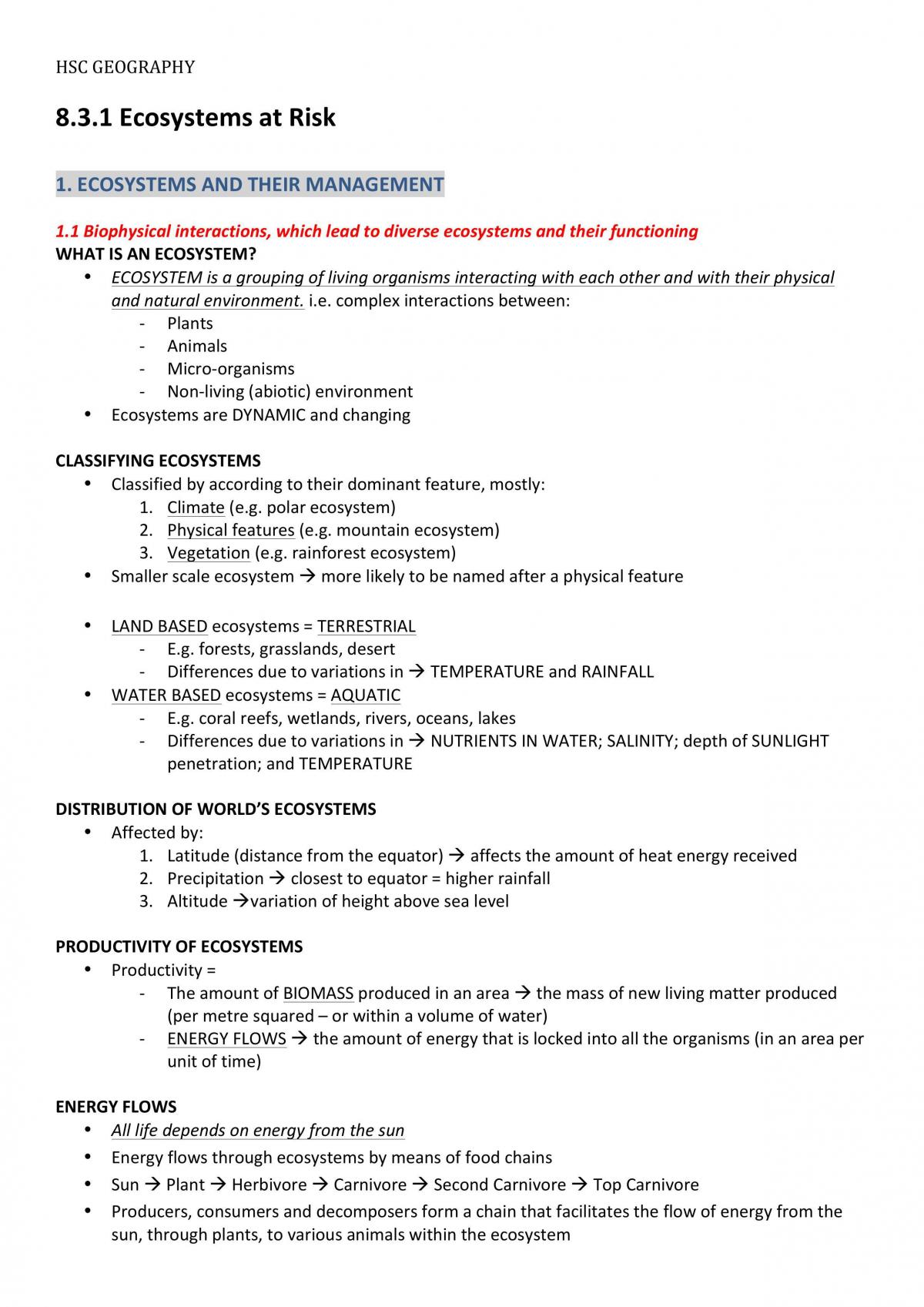 HSC Geography Ecosystems At Risk Notes - Page 1