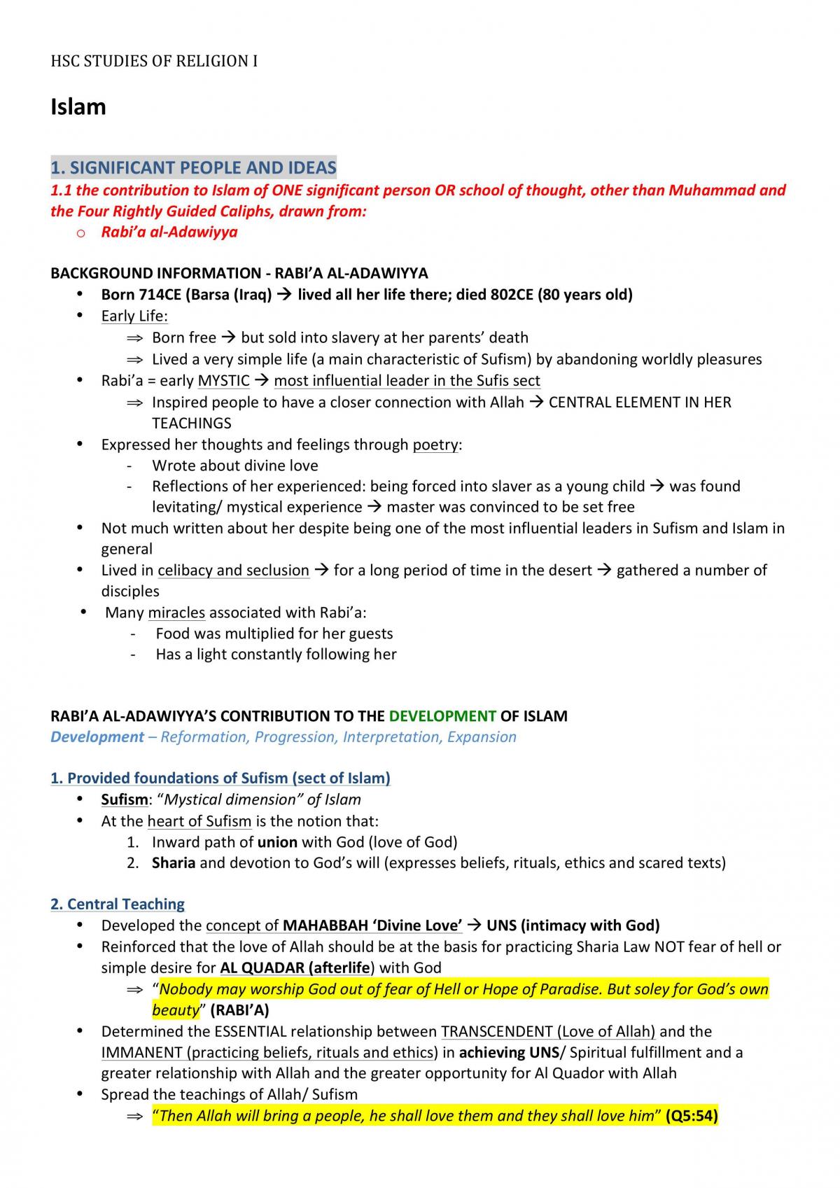 HSC SOR 1 Islam Notes  - Page 1