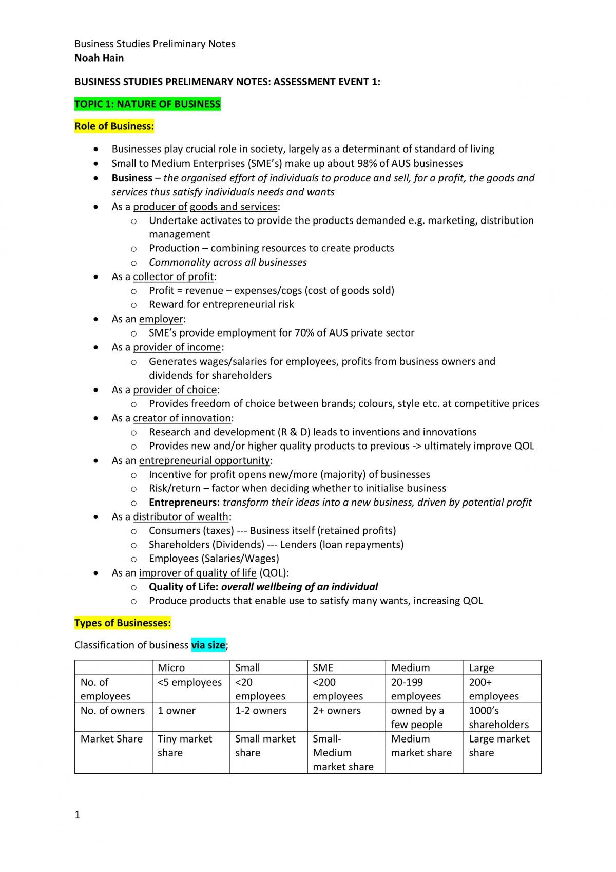 Business Studies Preliminary Notes - Page 1