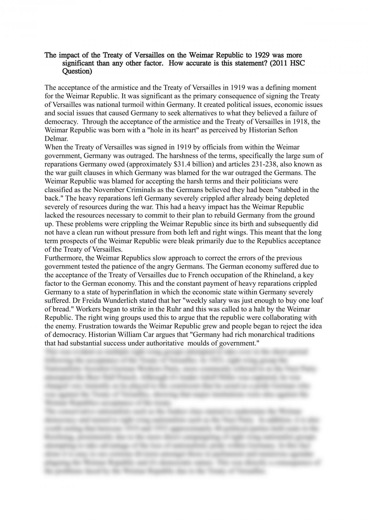 history essay on treaty of versailles