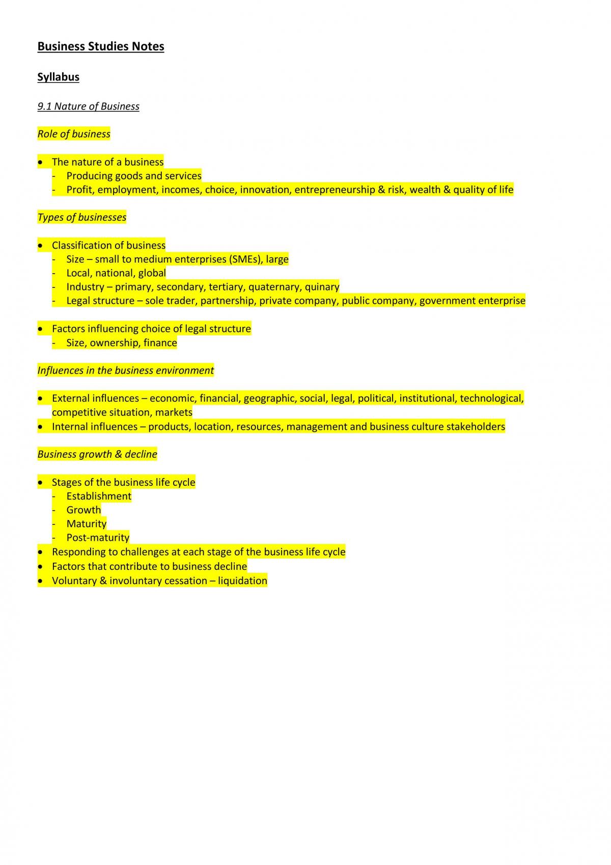 Business Studies - Preliminary Concise Notes for ALL Topics - Page 1