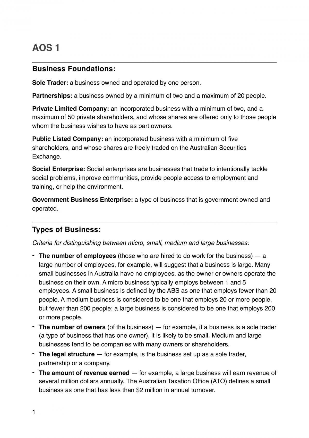 BUS1BFX Business Fundamentals Notes - Page 1