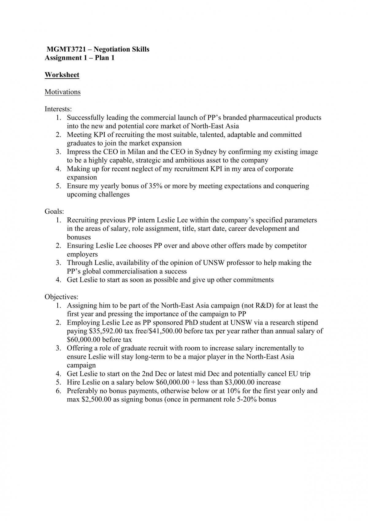 Plan 1 for Negotiation Skills - Page 1