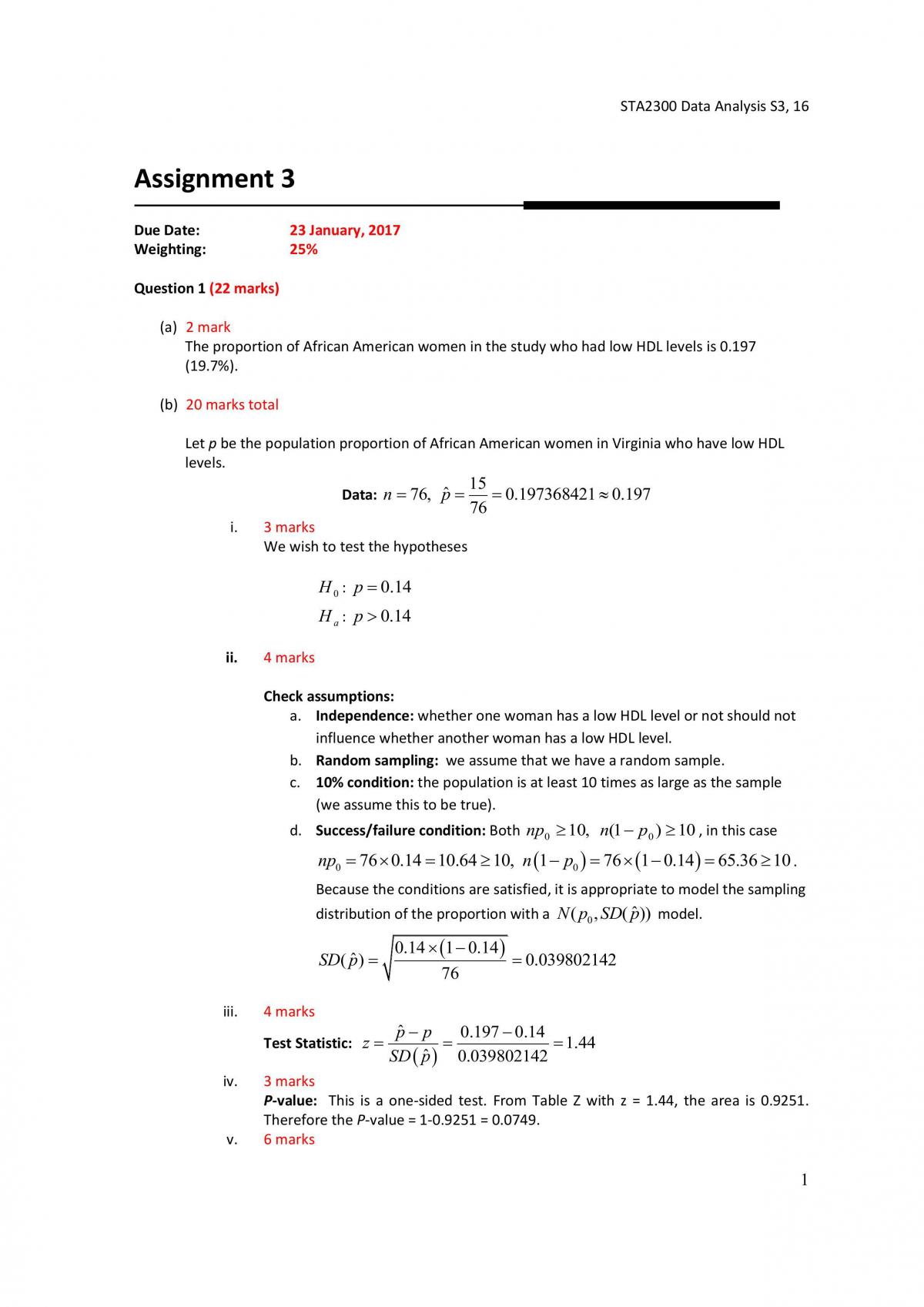 STA2300 Assignment 3 Marks - Page 1