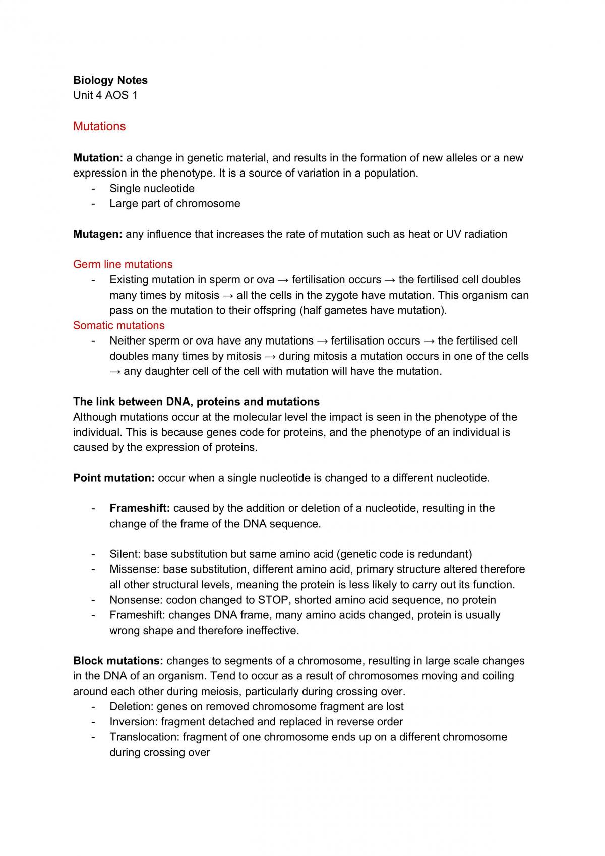 VCE Biology Unit 4 Notes 2018 - Page 1