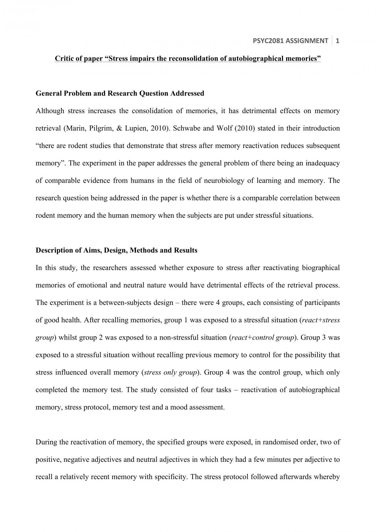 PSYC2081 Physio Assignment - Page 1