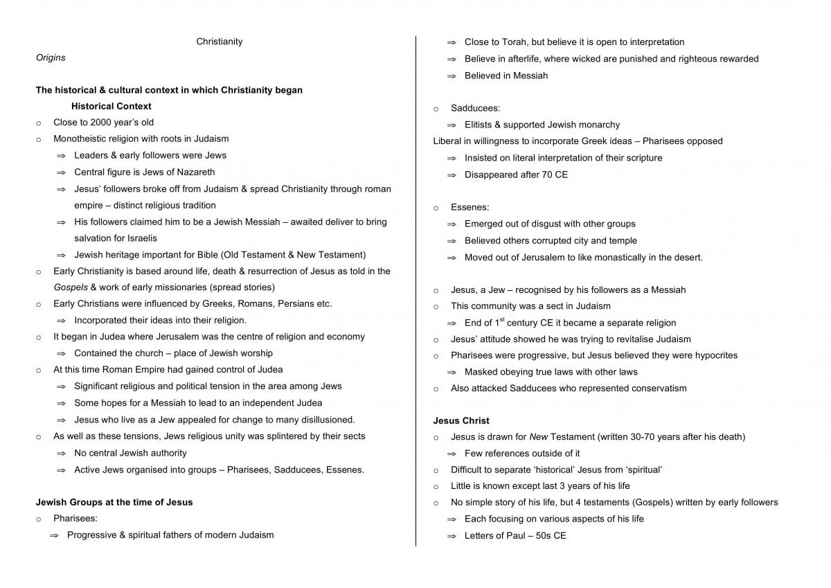 Christianity Preliminary Study Notes - Page 1