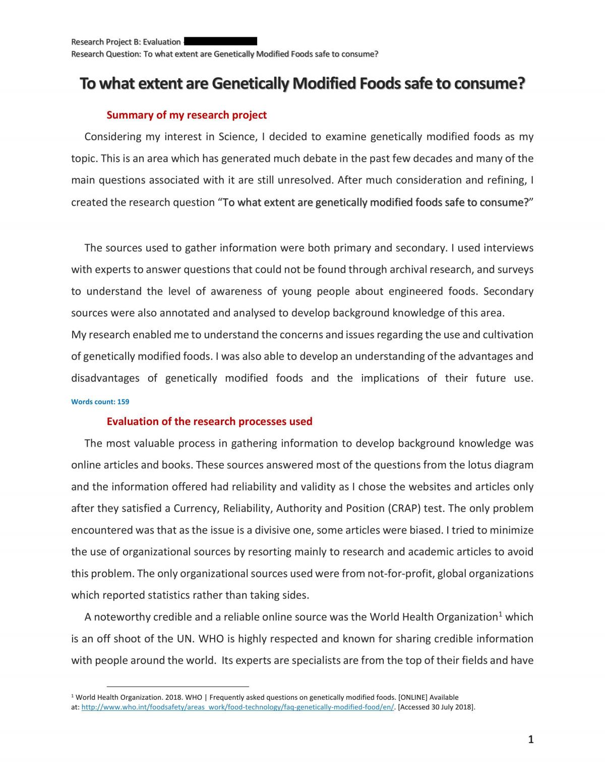 Evaluation of the Research Project  - Page 1