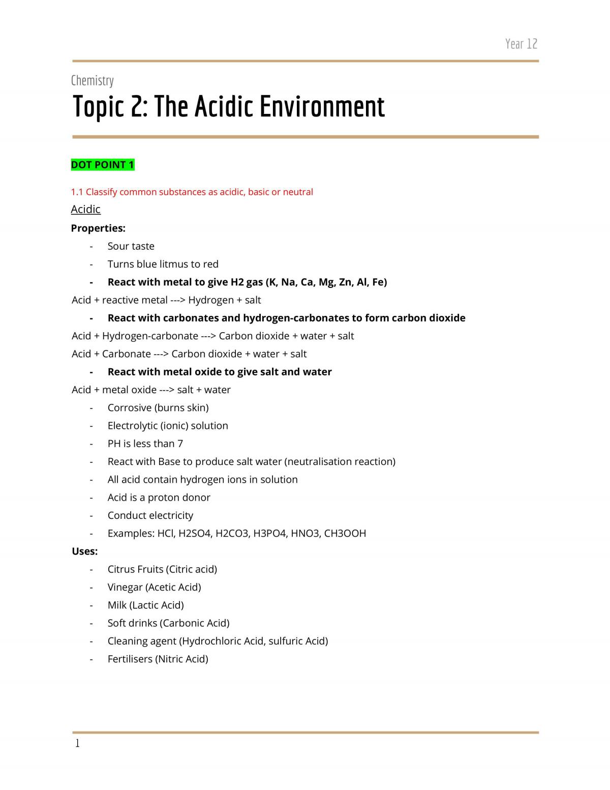 Acidic Environment Notes  - Page 1