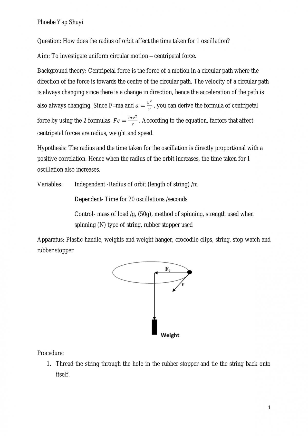 Physics Centripetal Force Investigation Folio - Page 1