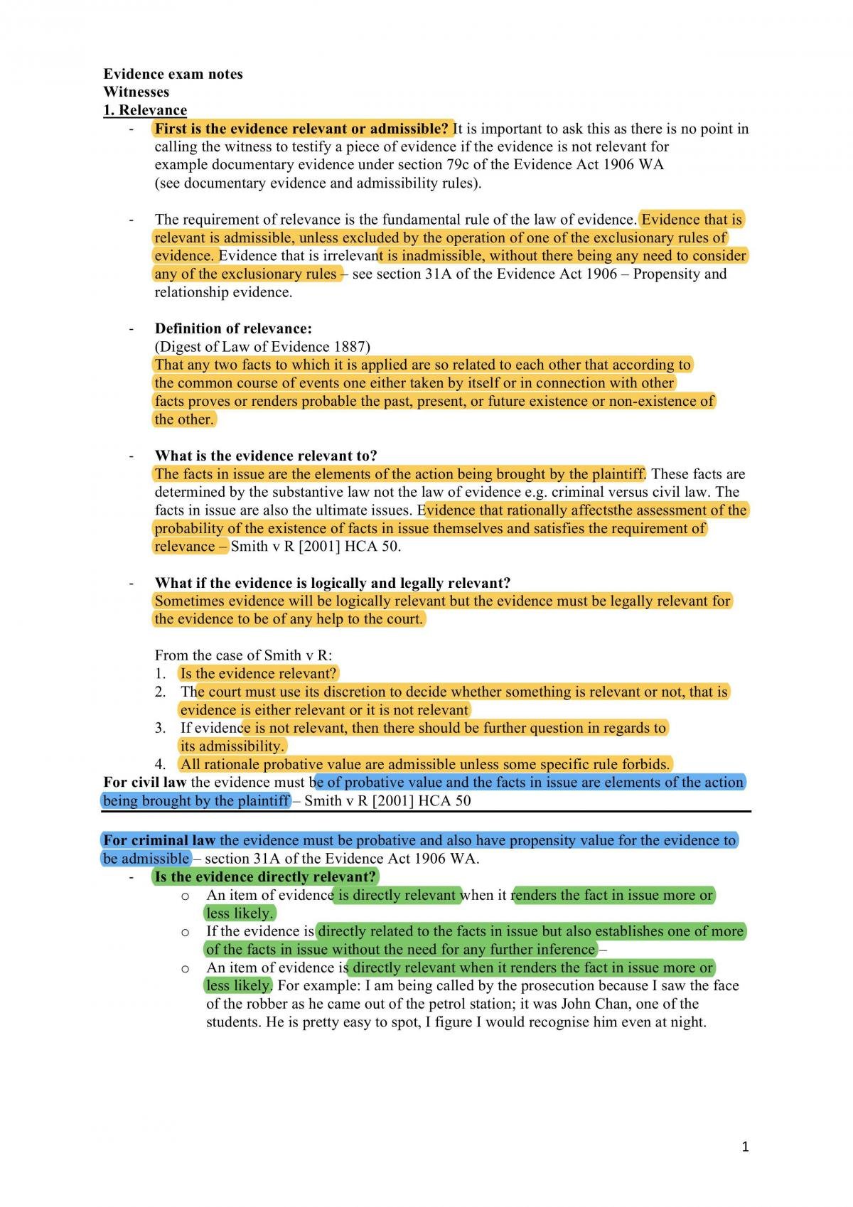 LLB352 Exam Notes for Evidence - Page 1