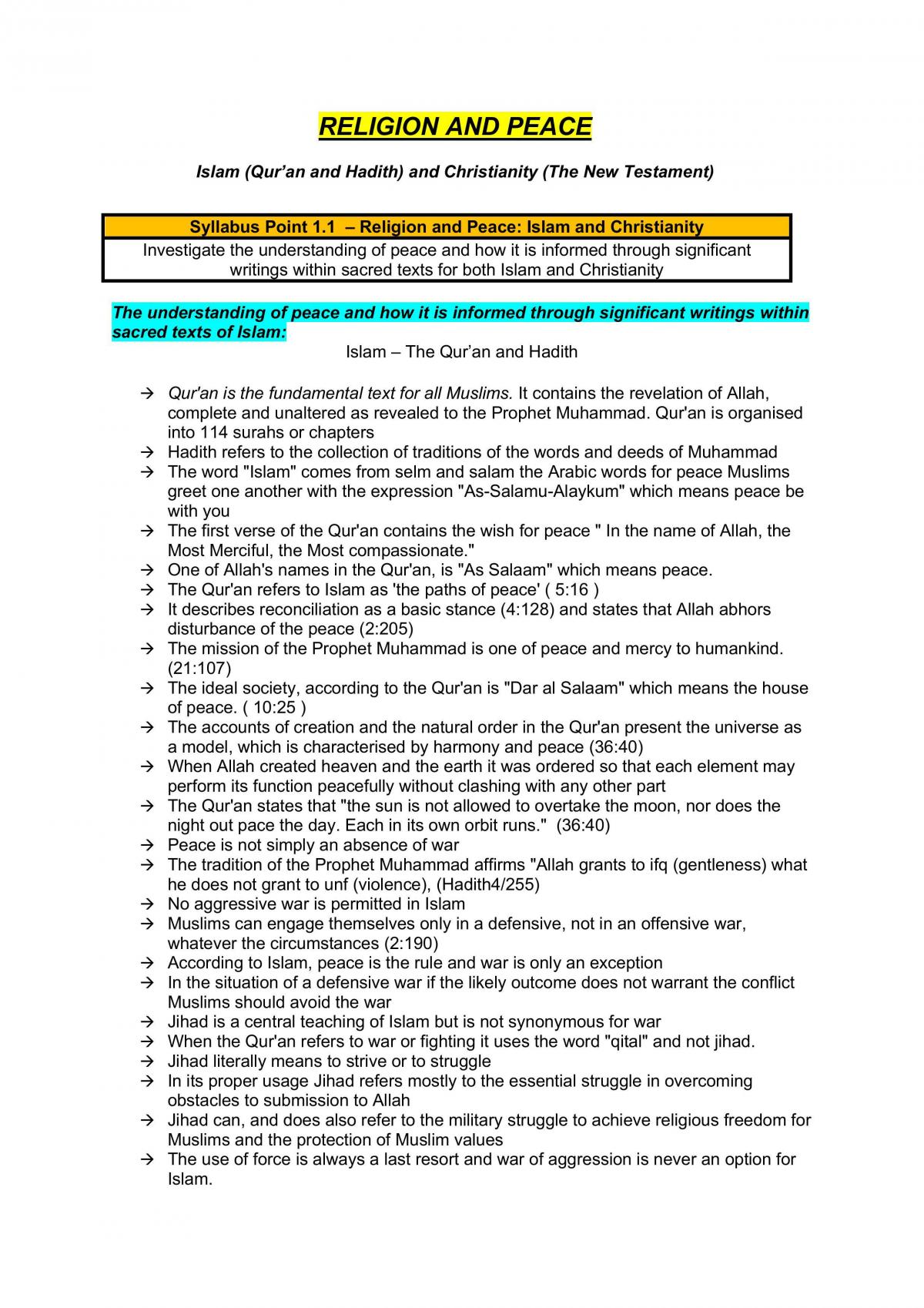 Religion and Peace Notes - Page 1