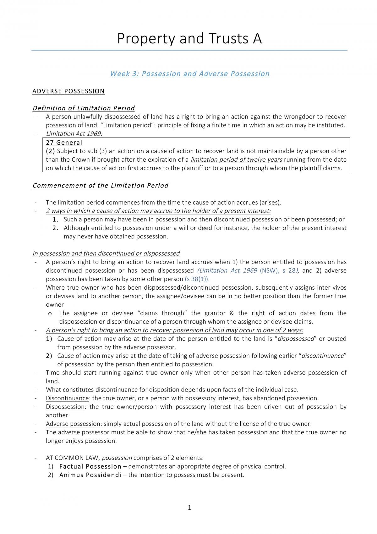 Property and Trusts A Class/Lecture Content - Page 1