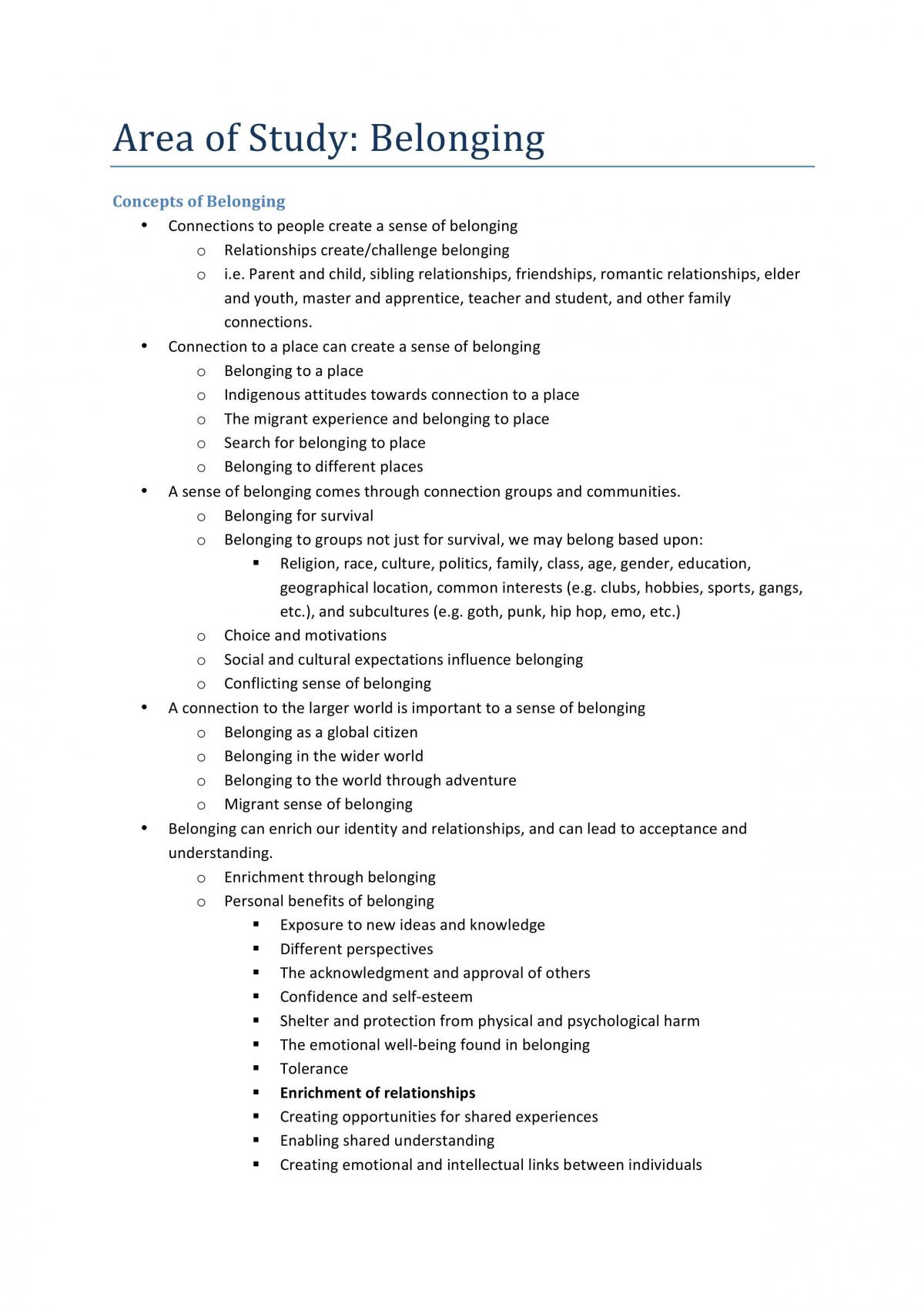 Area of Study: Belonging Notes - Page 1