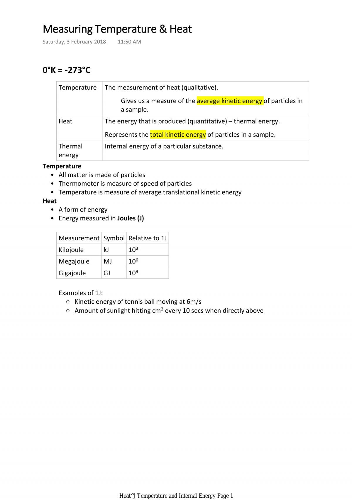 VCE Physics Unit 1 Notes - Page 1