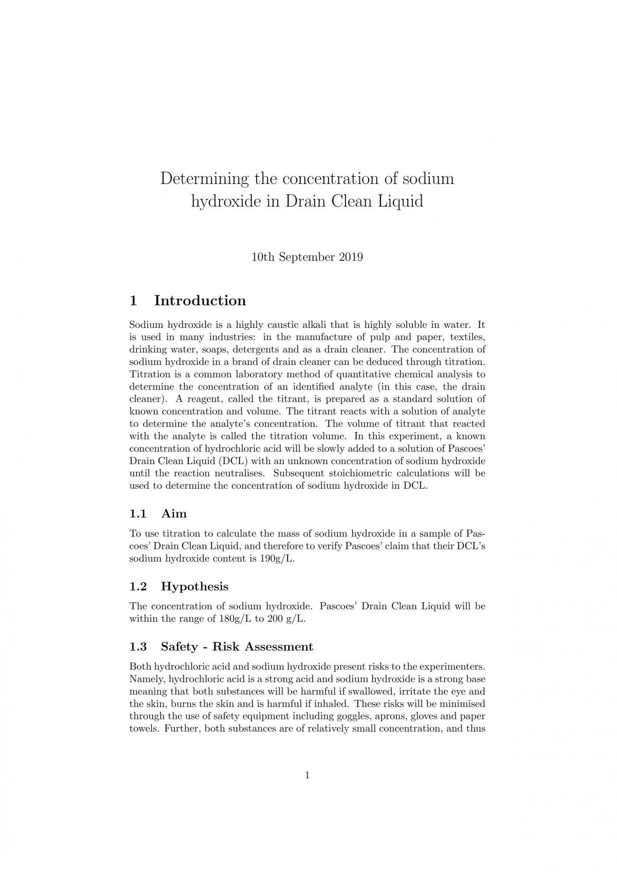 Determining the concentration of sodium hydroxide in Drain Clean Liquid - Page 1