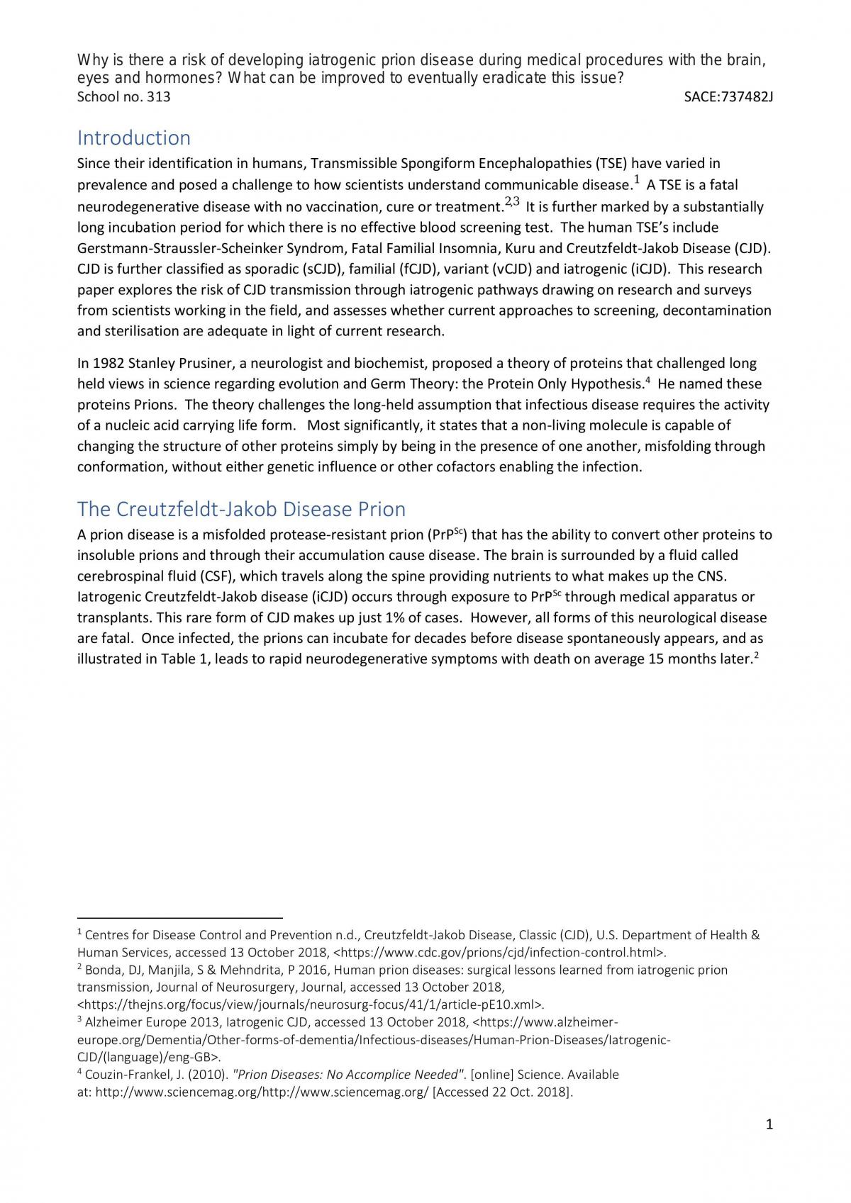 Research Project on the Risk of Contracting an Iatrogenic Prion Disease During Medical Procedures - Page 1