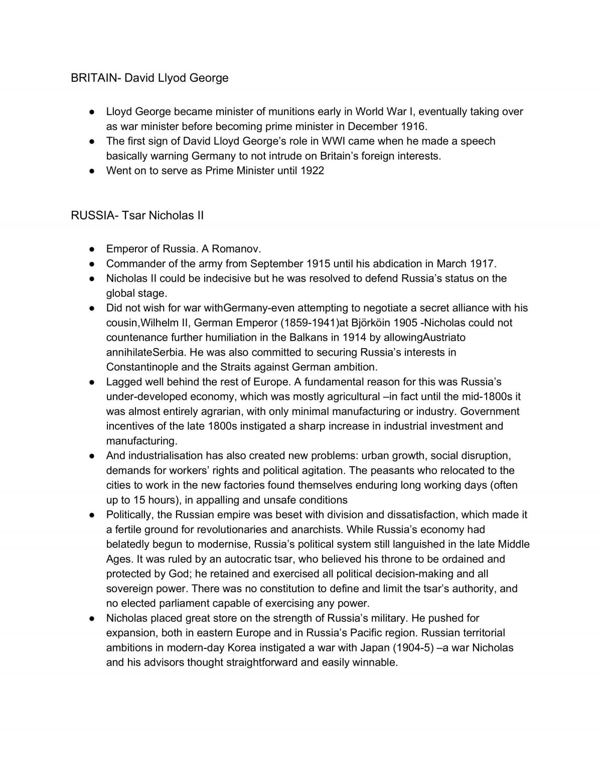 World War One- Class Notes Year 11  - Page 3