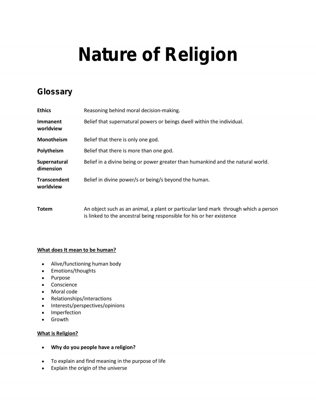 Nature of Religion Notes - Page 1
