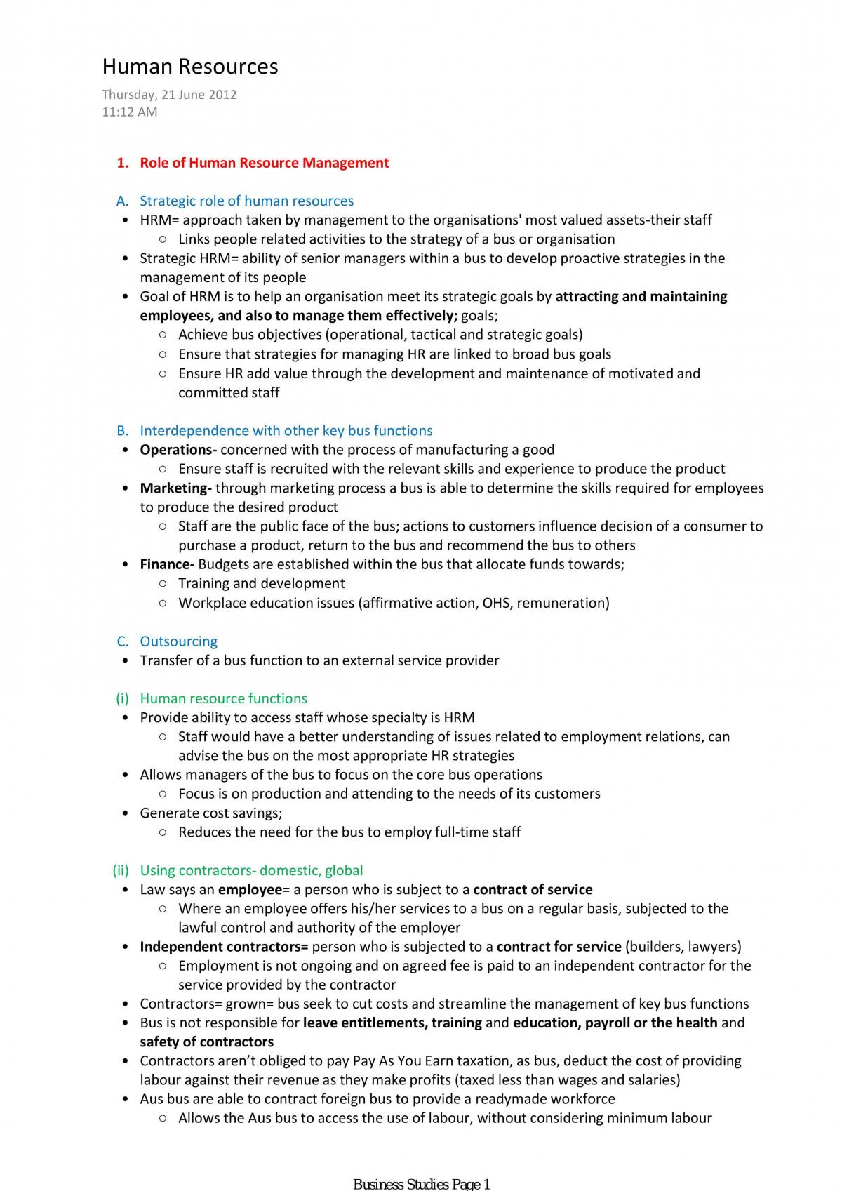 Human Resources Topic Notes - Page 1