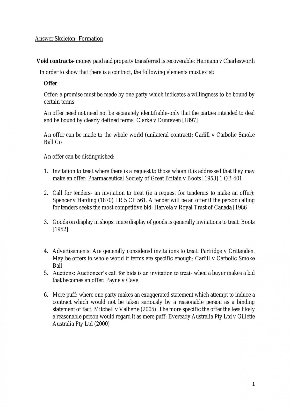 Contract Law Answer Skeleton  - Page 1