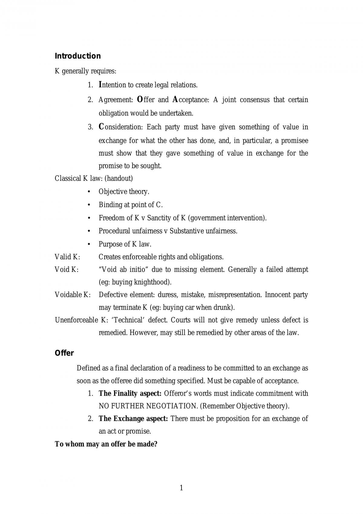 Contract 1 - Summary Notes - Page 1