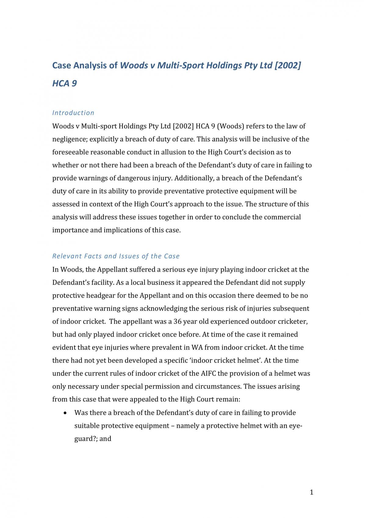 Case analysis : Woods v Multi-Sport Holdings Pty Ltd [2002]  - Page 1