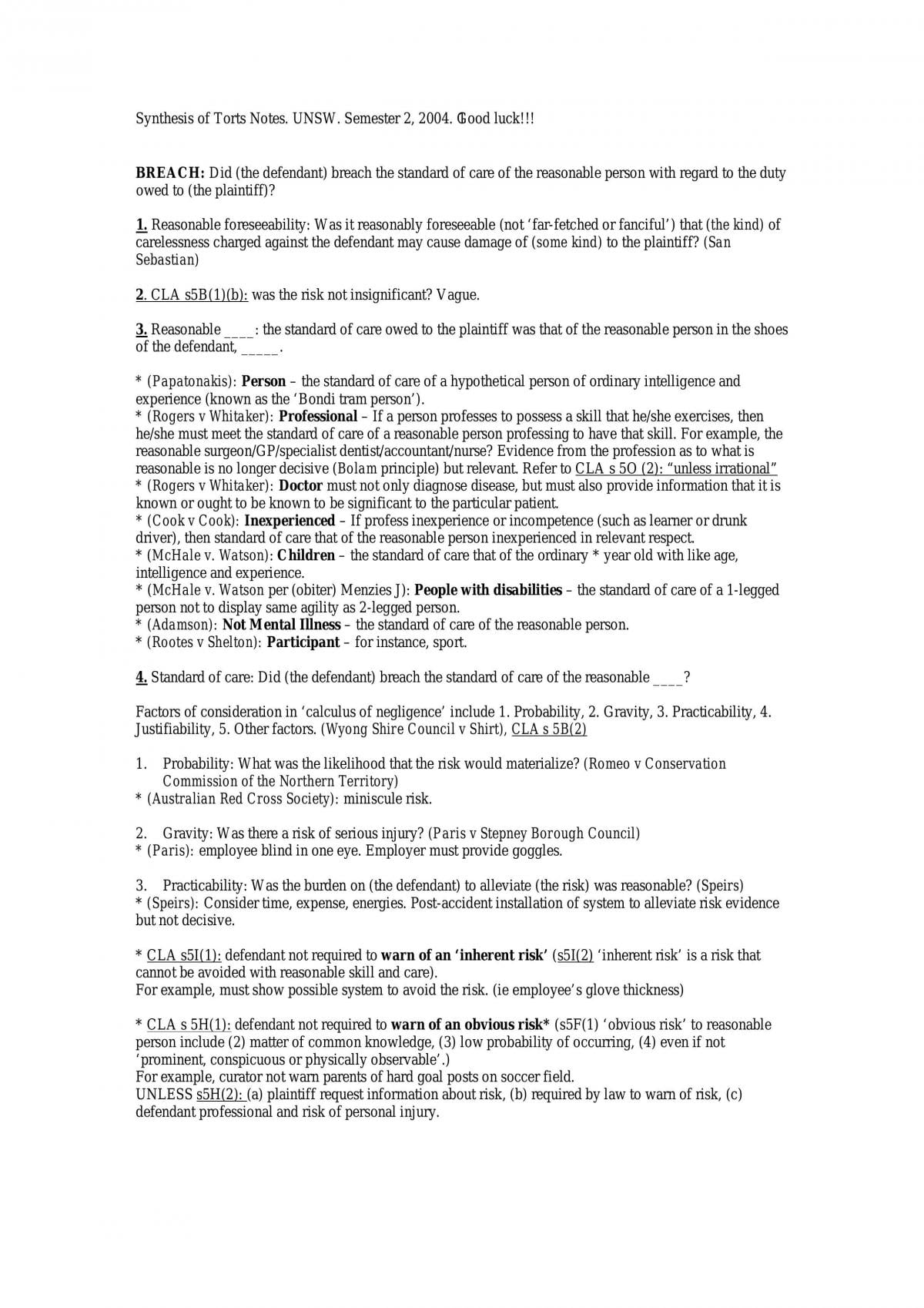 Synthesis Of Torts Notes For Exam - Page 1