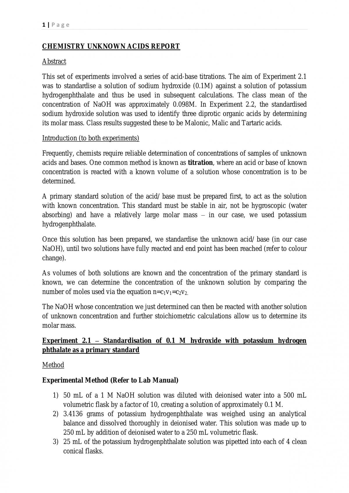 Chemistry Unknown Acids Report - Page 1