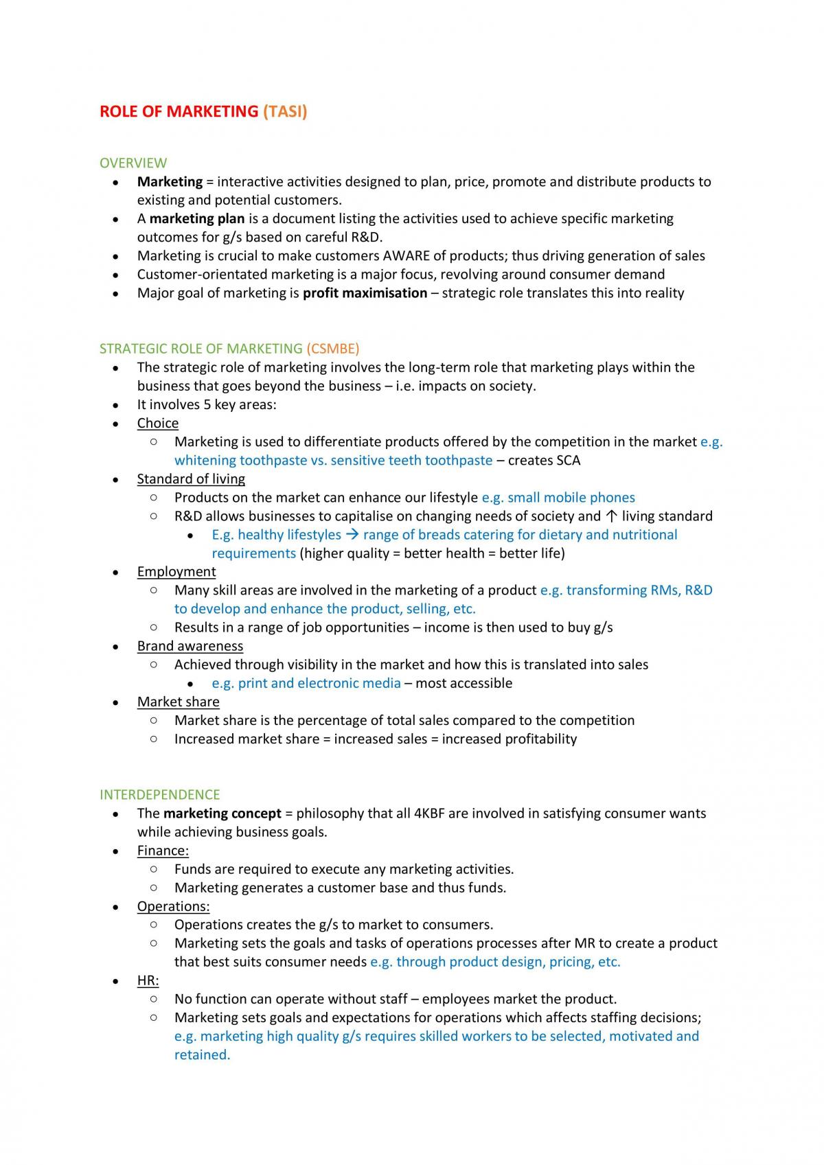 Role of Marketing Notes  - Page 1
