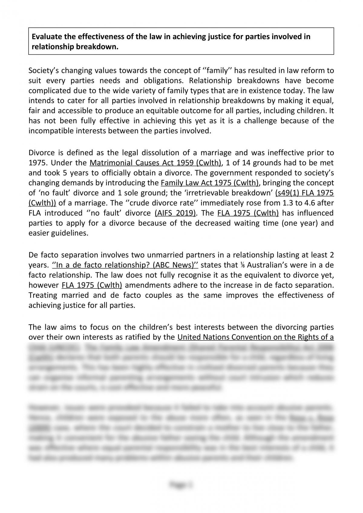 Evaluate the Effectiveness of the Law in Achieving Justice for Parties Involved in Relationship Breakdown - Legal Studies Family Essay - Page 1