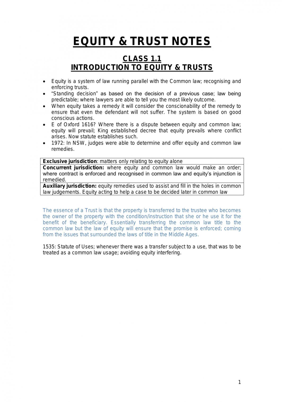 Equity & Trust -  Final Notes - Semester 1 2014 - Page 1