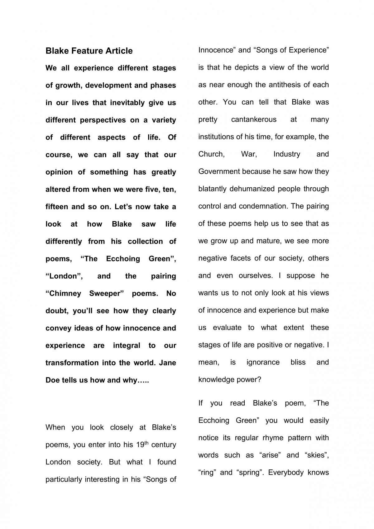 William Blake Feature Article - Page 1