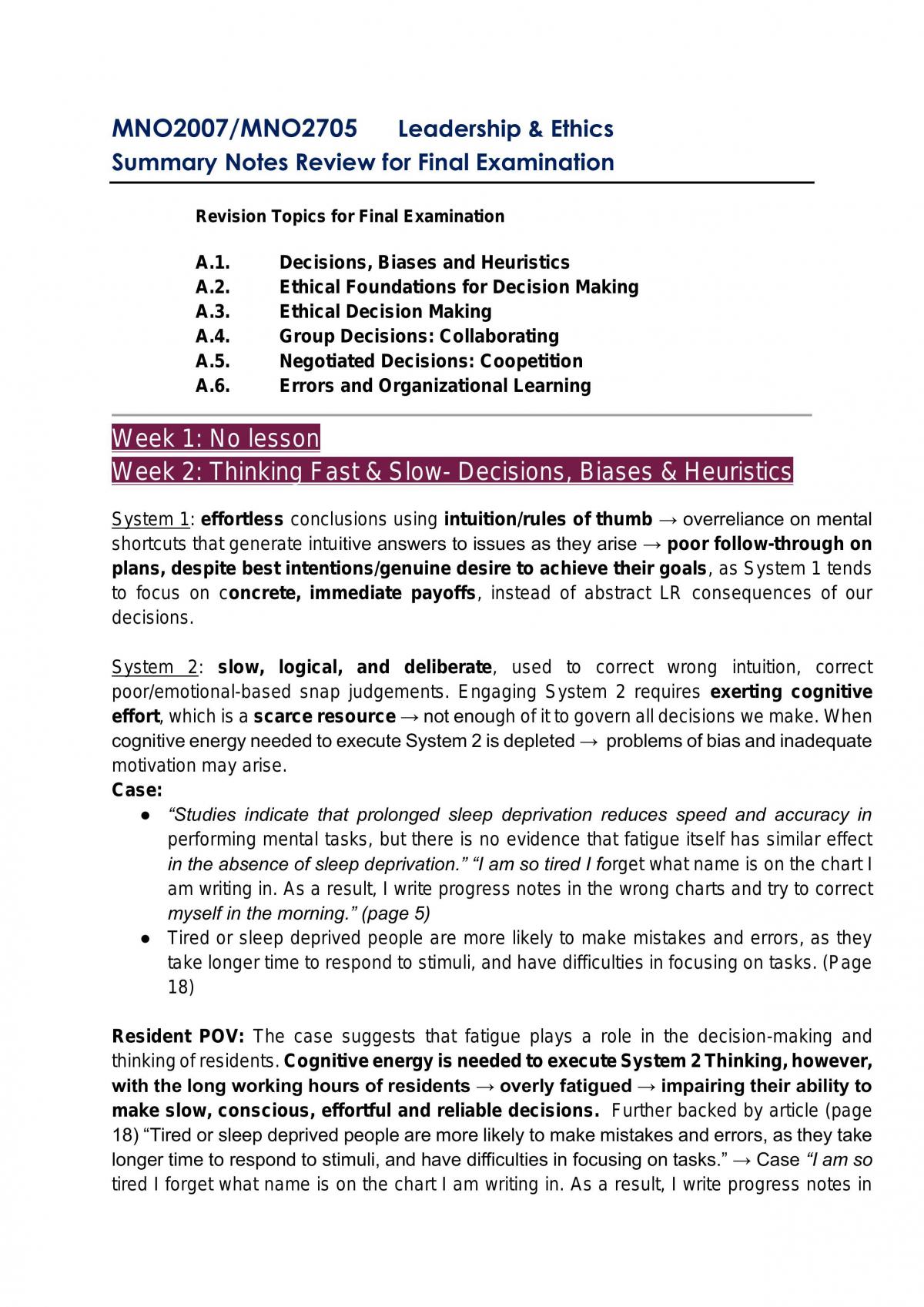 Leadership & Ethics Summary Notes Review for Final Examination - Page 1