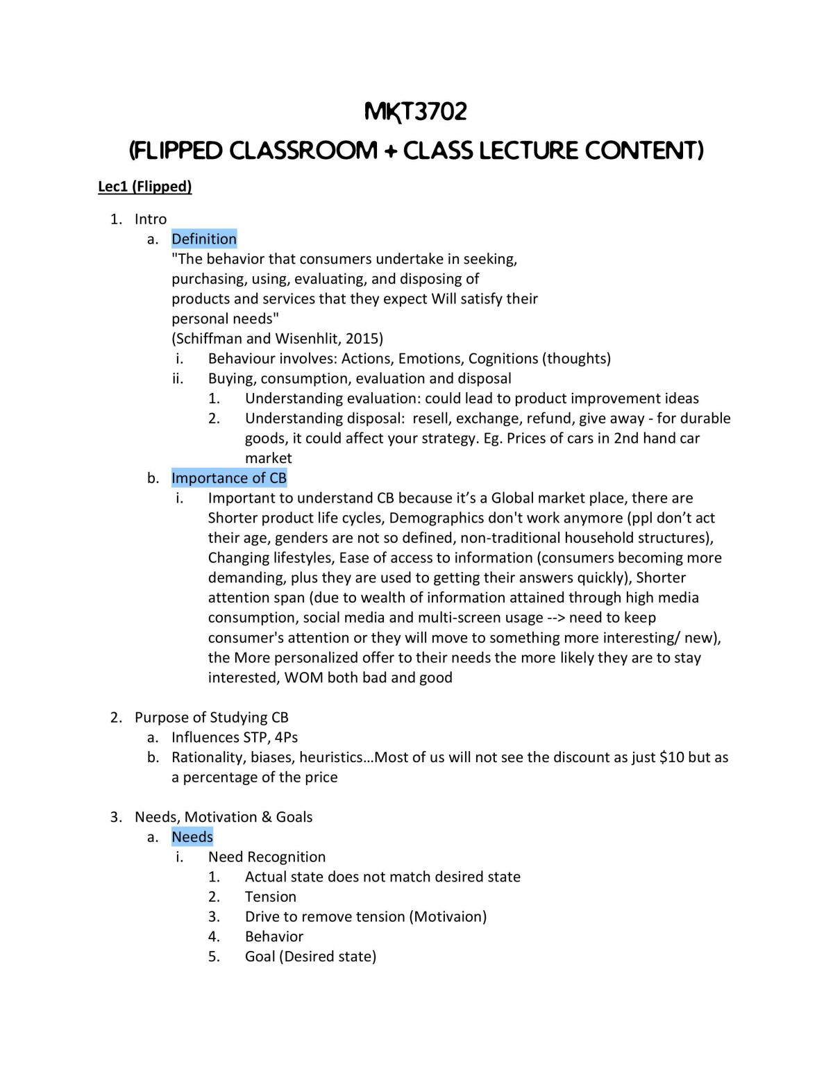 MKT3702 Consumer Behaviour Notes (Flipped Classroom and Class Content) - Page 1