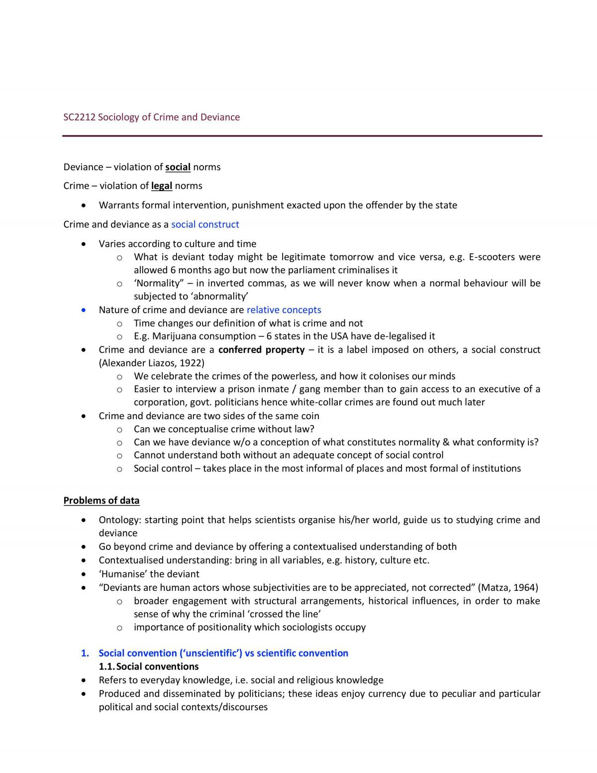 SC2212 Sociology of Deviance Notes - Page 1