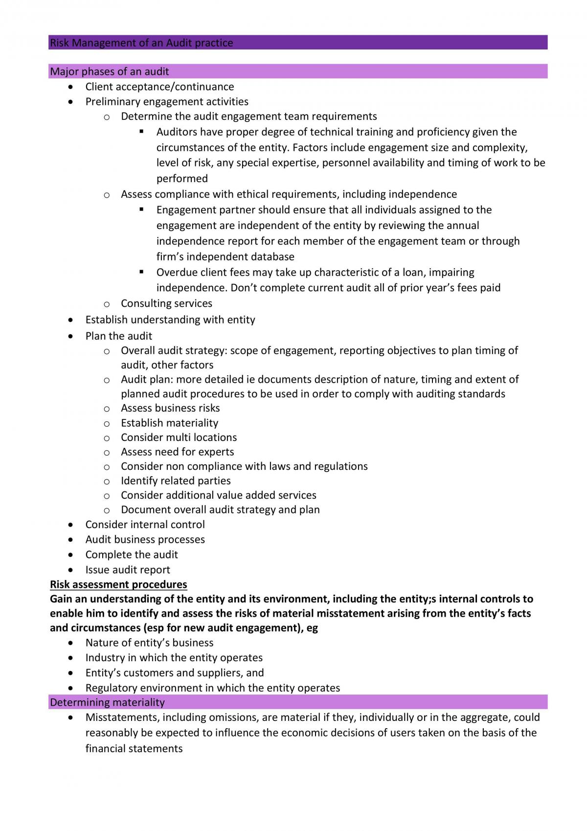 Risk Management and Advanced Auditing study notes - Page 1