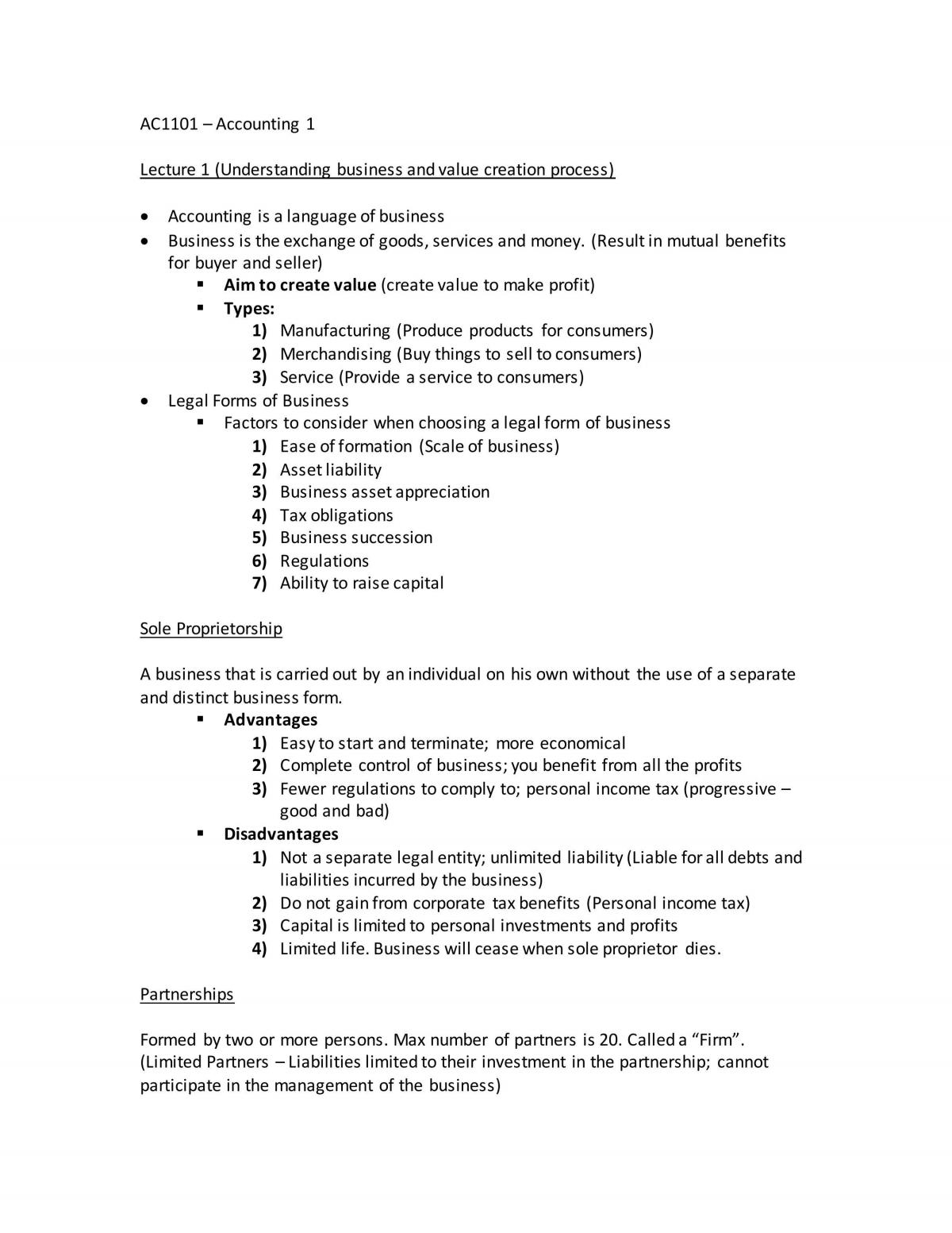 AC1101 Accounting I Summary - Page 1