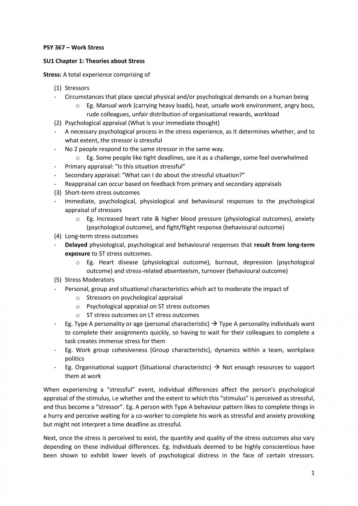 PSY 367 - Work Stress Full Notes - Page 1
