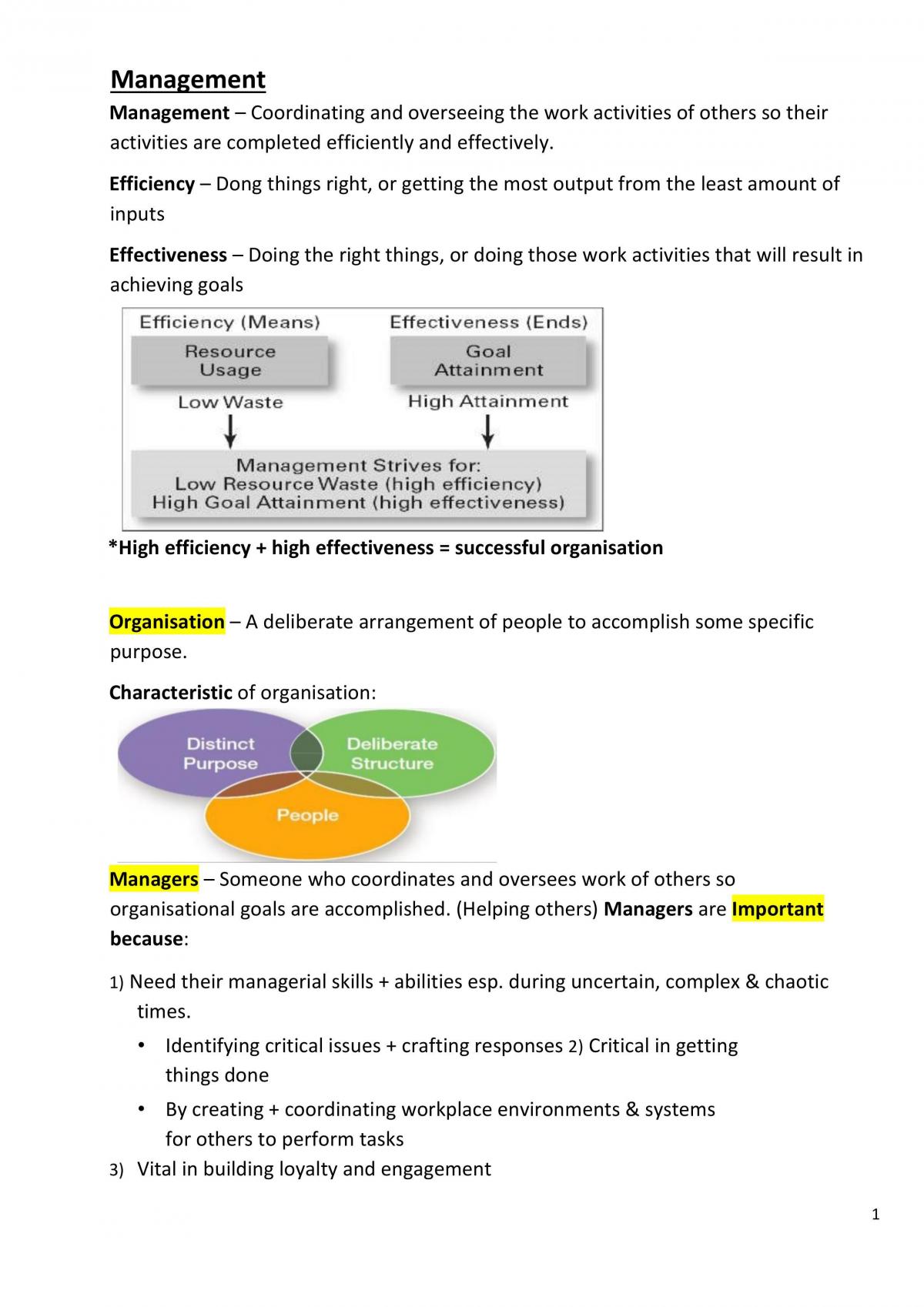 BUS101 Management Notes - Page 1
